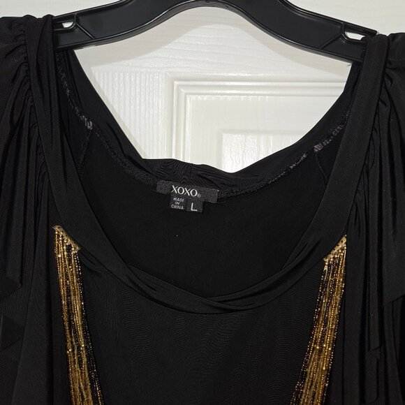 XOXO Black Ruffle Sleeve Top with Gold Chain Detail – Size L - Picture 4 of 11